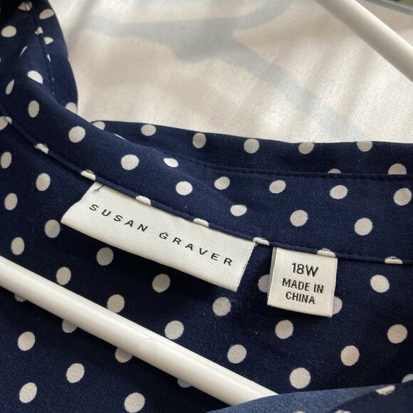 Susan Graver Women's Blue White Polka Dot Tie Hem Blouse Size 18W Coastal Preppy - Picture 5 of 11